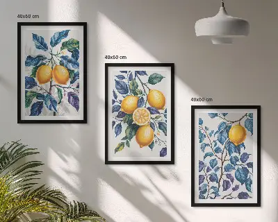 Set of 3 framed wall art pieces lemon branches with blue leaves