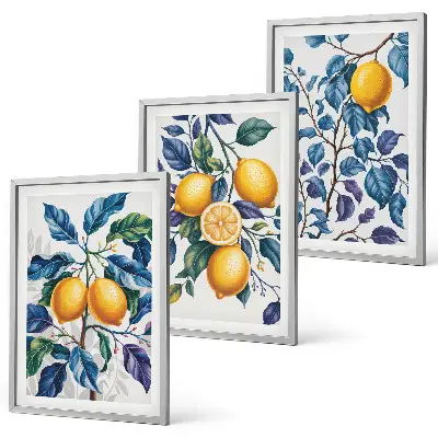 Set of 3 framed wall art pieces lemon branches with blue leaves