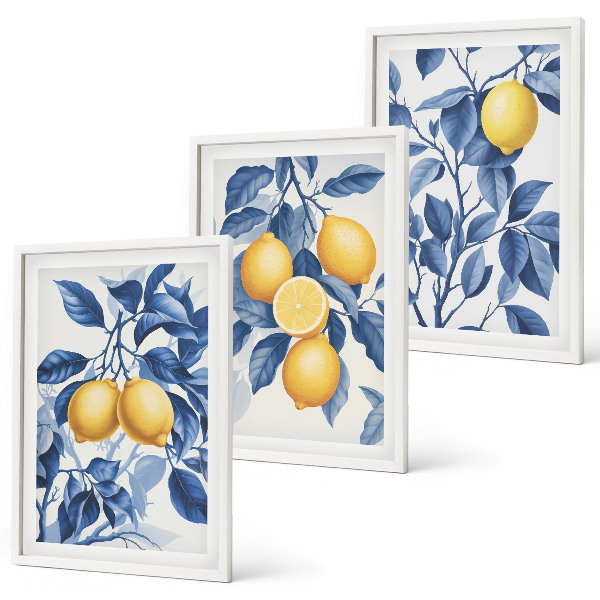 Wall art set Lemon branches blue leaves