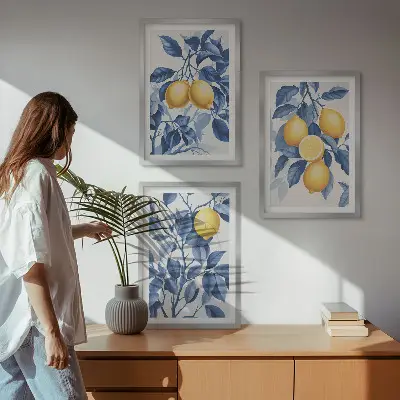 Wall art set with lemon branches and blue leaves