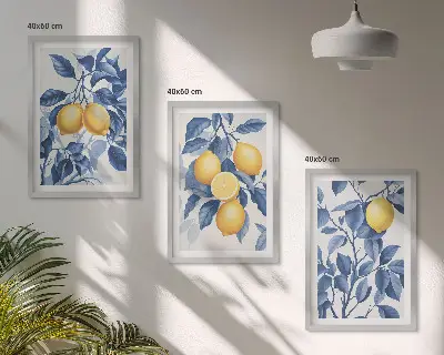 Wall art set with lemon branches and blue leaves