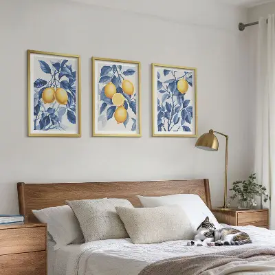 Wall art set with lemon branches and blue leaves
