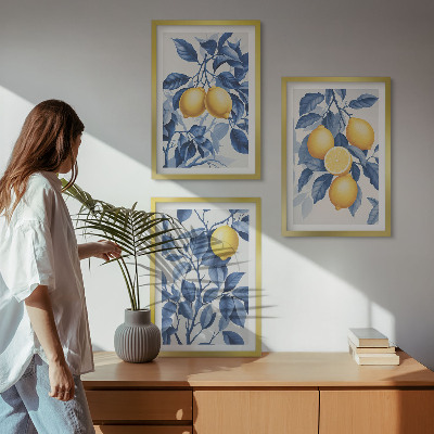 Wall art set Lemon branches blue leaves