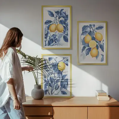 Wall art set with lemon branches and blue leaves