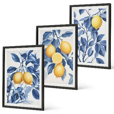 Wall art set with lemon branches and blue leaves