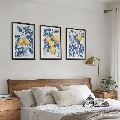 Wall art set with lemon branches and blue leaves