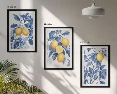 Wall art set with lemon branches and blue leaves