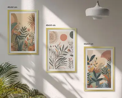 Three-piece wall art set with plant motifs in subdued colors