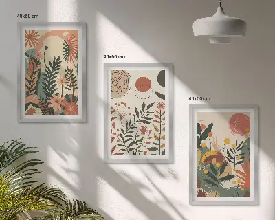 Set of 3 framed wall art pieces with vintage pastel plant patterns