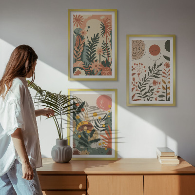 Set of 3 framed wall art pieces Vintage pastel plant patterns