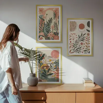 Set of 3 framed wall art pieces with vintage pastel plant patterns