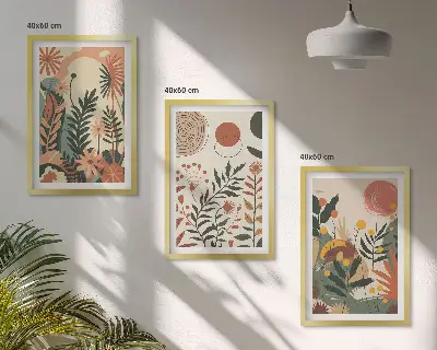 Set of 3 framed wall art pieces with vintage pastel plant patterns