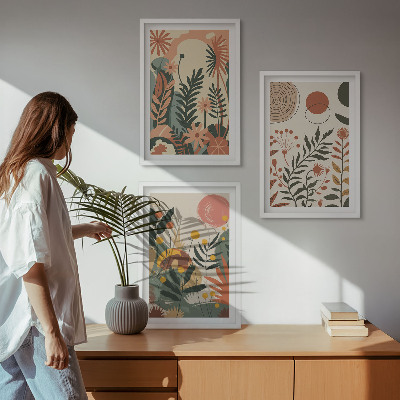 Set of 3 framed wall art pieces Vintage pastel plant patterns