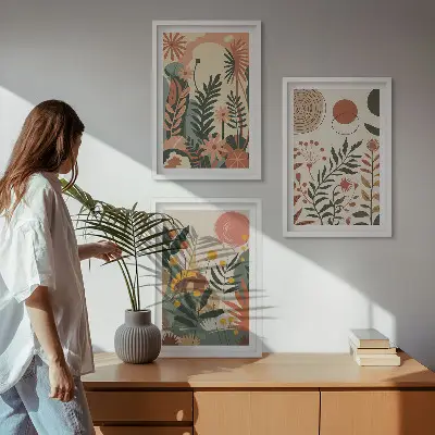 Set of 3 framed wall art pieces with vintage pastel plant patterns
