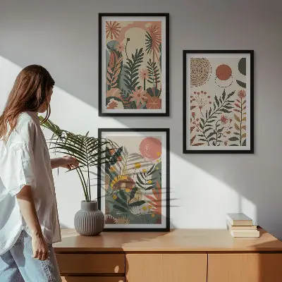 Set of 3 framed wall art pieces with vintage pastel plant patterns