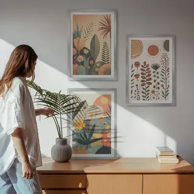 Boho botanical wall art set with nature inspired plant patterns