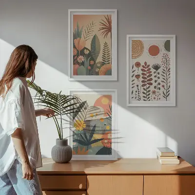 Boho botanical wall art set with nature inspired plant patterns