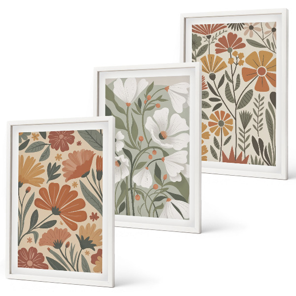 Three-piece wall art piece Floral patterns orange green
