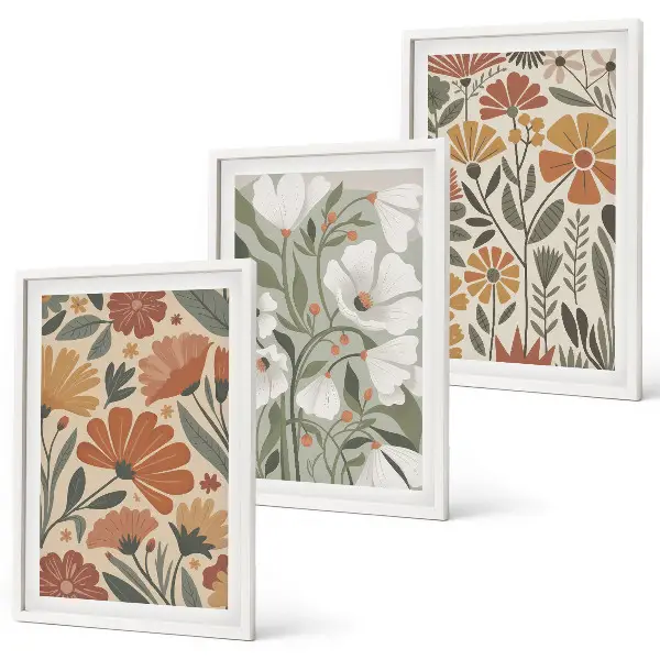 Three-piece wall art set with floral patterns in orange and green