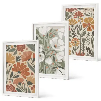 Three-piece wall art set with floral patterns in orange and green