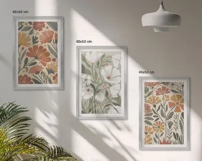 Three-piece wall art set with floral patterns in orange and green
