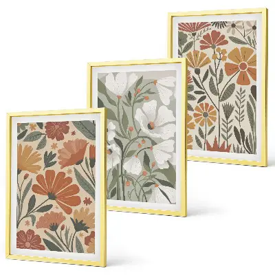 Three-piece wall art set with floral patterns in orange and green