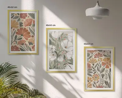 Three-piece wall art set with floral patterns in orange and green