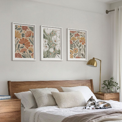 Three-piece wall art piece Floral patterns orange green