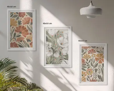 Three-piece wall art set with floral patterns in orange and green