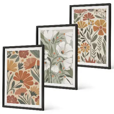 Three-piece wall art set with floral patterns in orange and green