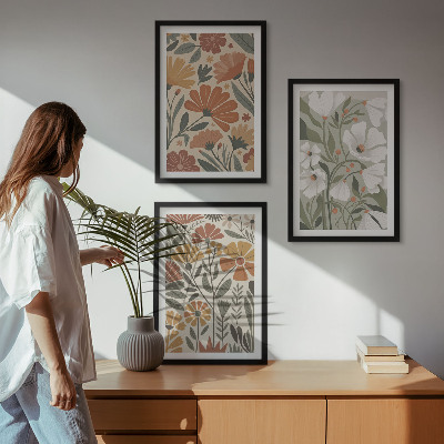 Three-piece wall art piece Floral patterns orange green