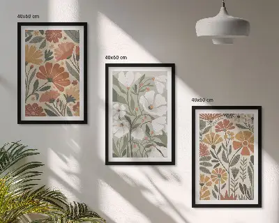 Three-piece wall art set with floral patterns in orange and green