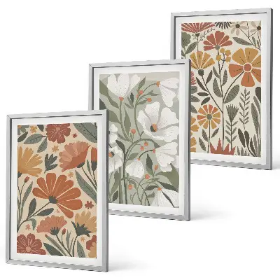Three-piece wall art set with floral patterns in orange and green