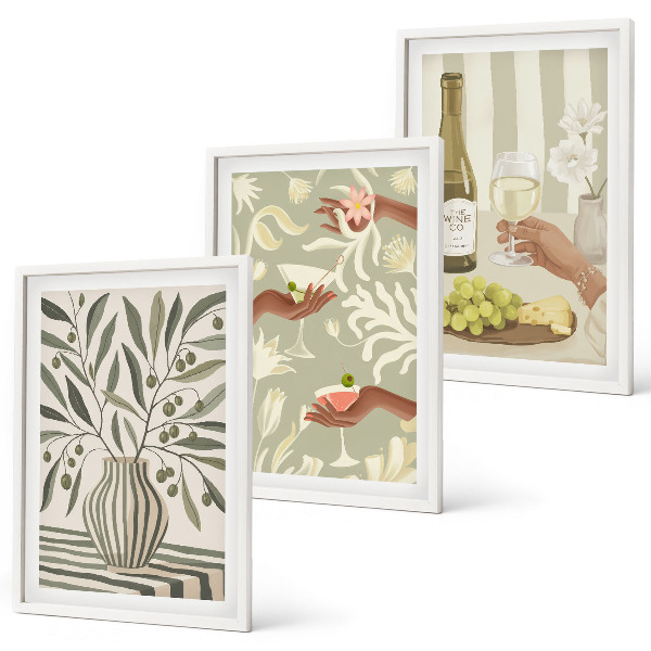 Set of 3 framed wall art pieces Olive blossoms rustic cocktails