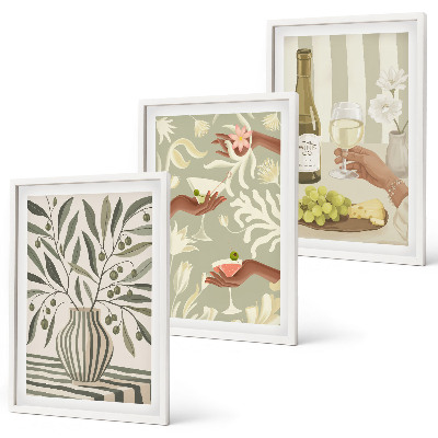 Set of 3 framed wall art pieces Olive blossoms rustic cocktails
