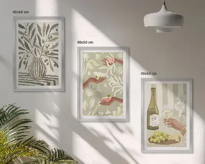 Set of 3 framed wall art pieces featuring rustic olive blossoms and cocktails