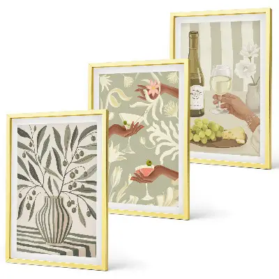 Set of 3 framed wall art pieces featuring rustic olive blossoms and cocktails