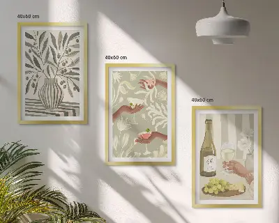 Set of 3 framed wall art pieces featuring rustic olive blossoms and cocktails
