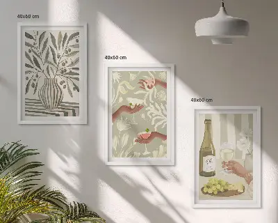 Set of 3 framed wall art pieces featuring rustic olive blossoms and cocktails