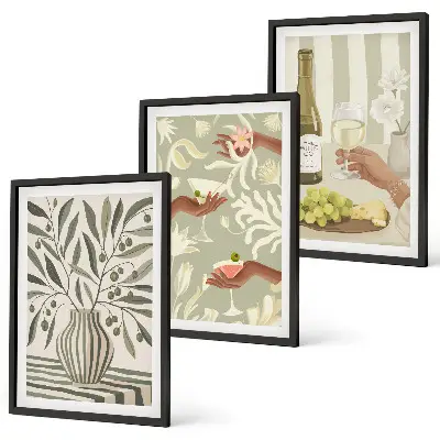 Set of 3 framed wall art pieces featuring rustic olive blossoms and cocktails