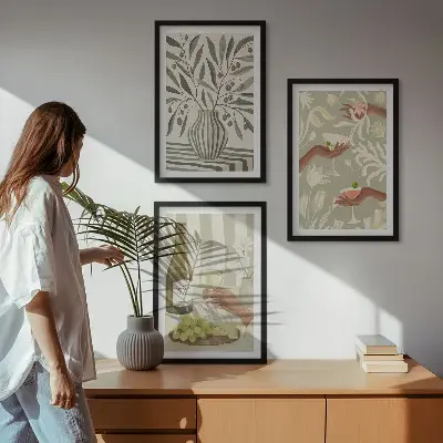 Set of 3 framed wall art pieces featuring rustic olive blossoms and cocktails