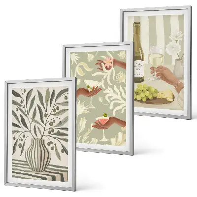 Set of 3 framed wall art pieces featuring rustic olive blossoms and cocktails