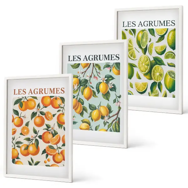 Three-piece wall art set with fruity citrus pastel patterns
