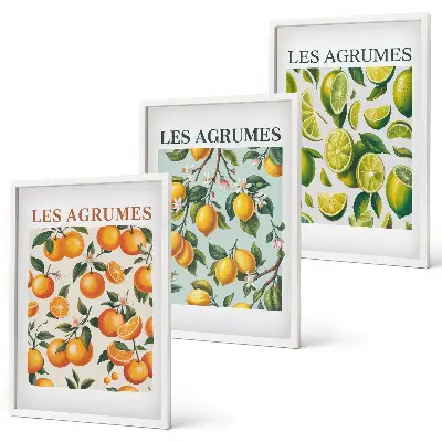 Three-piece wall art set with fruity citrus pastel patterns