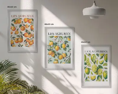 Three-piece wall art set with fruity citrus pastel patterns