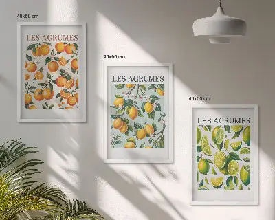 Three-piece wall art set with fruity citrus pastel patterns