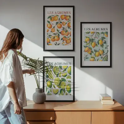 Three-piece wall art set with fruity citrus pastel patterns