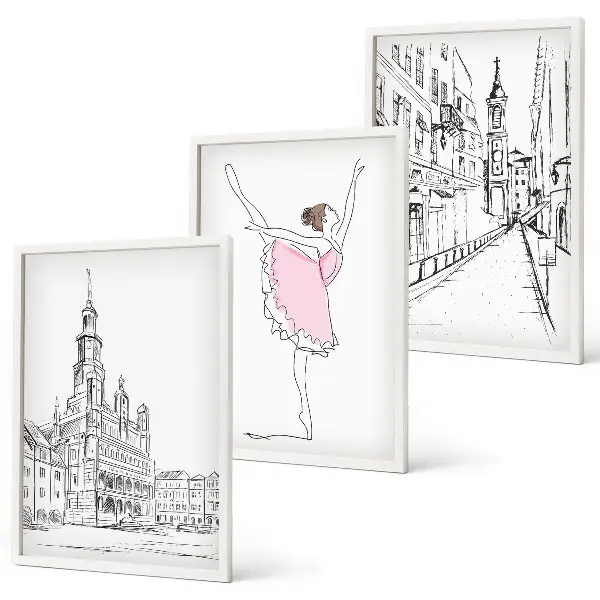 Set of 3 framed wall art pieces featuring stylish ballerinas and architecture