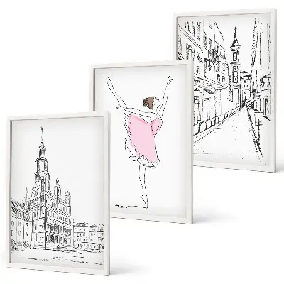 Set of 3 framed wall art pieces Stylish ballerinas and architecture