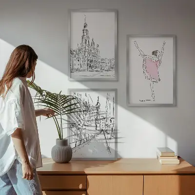 Set of 3 framed wall art pieces featuring stylish ballerinas and architecture